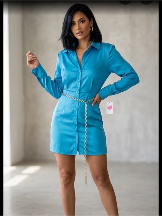 L'ATISTE Dresses & Skirts - L'ATISTE Turquoise Button-Front Mini Shirt Dress